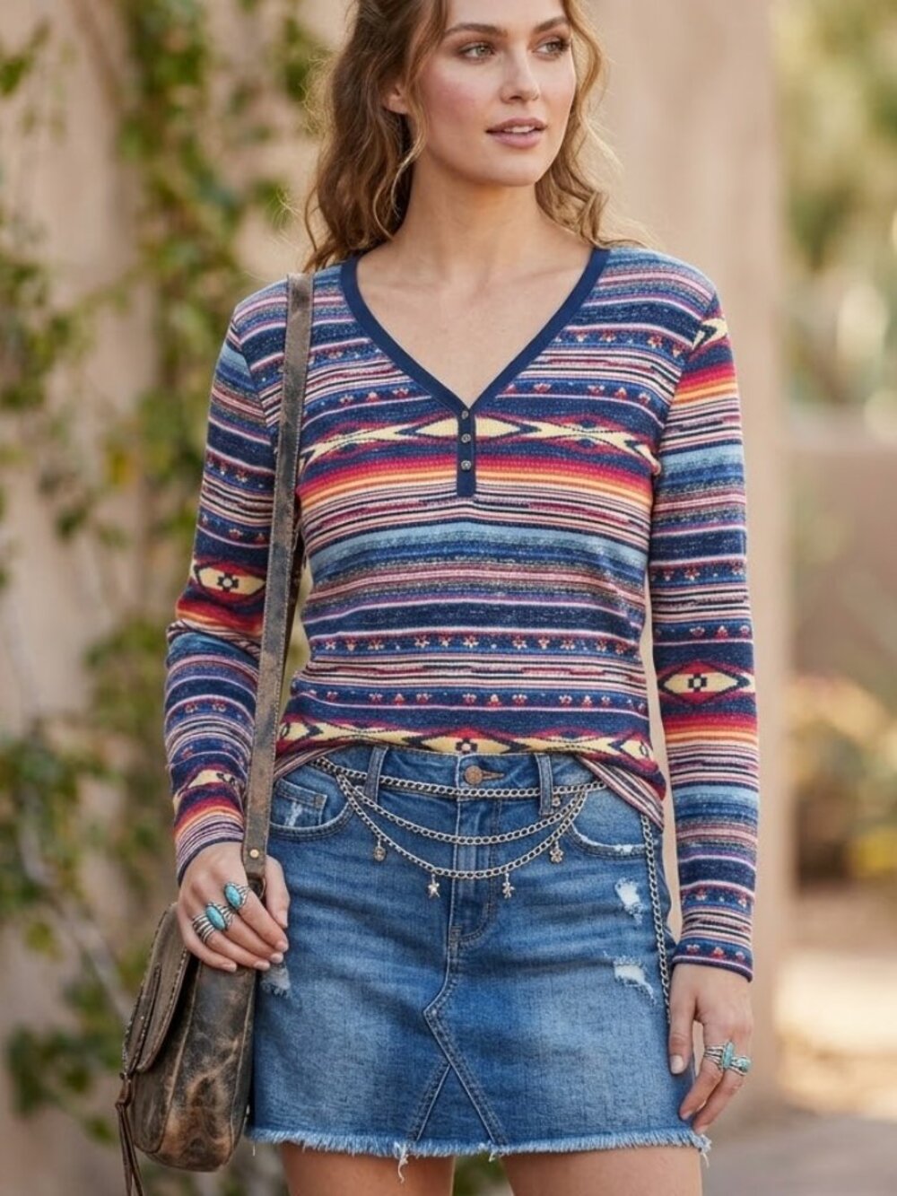 Vintage Y2K Chaps Thermal Western Print Long Sleeve Top Southwestern size XL